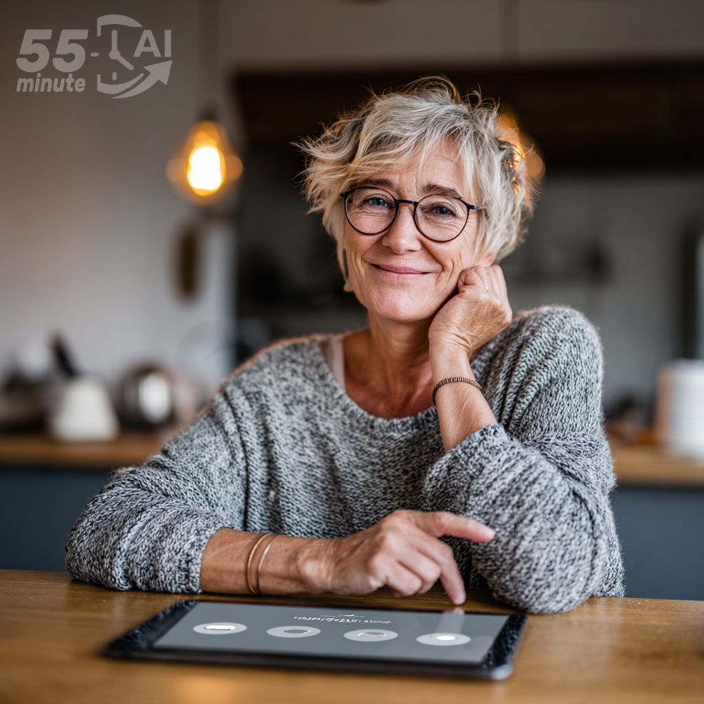 Happy woman learning AI on tablet